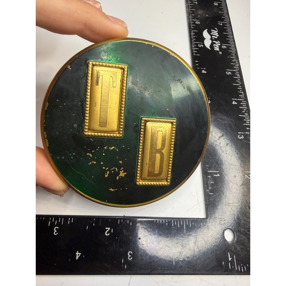 Dorset Fifth Avenue Green Enamel Brass Makeup Compact Initials TB Mirror Puff